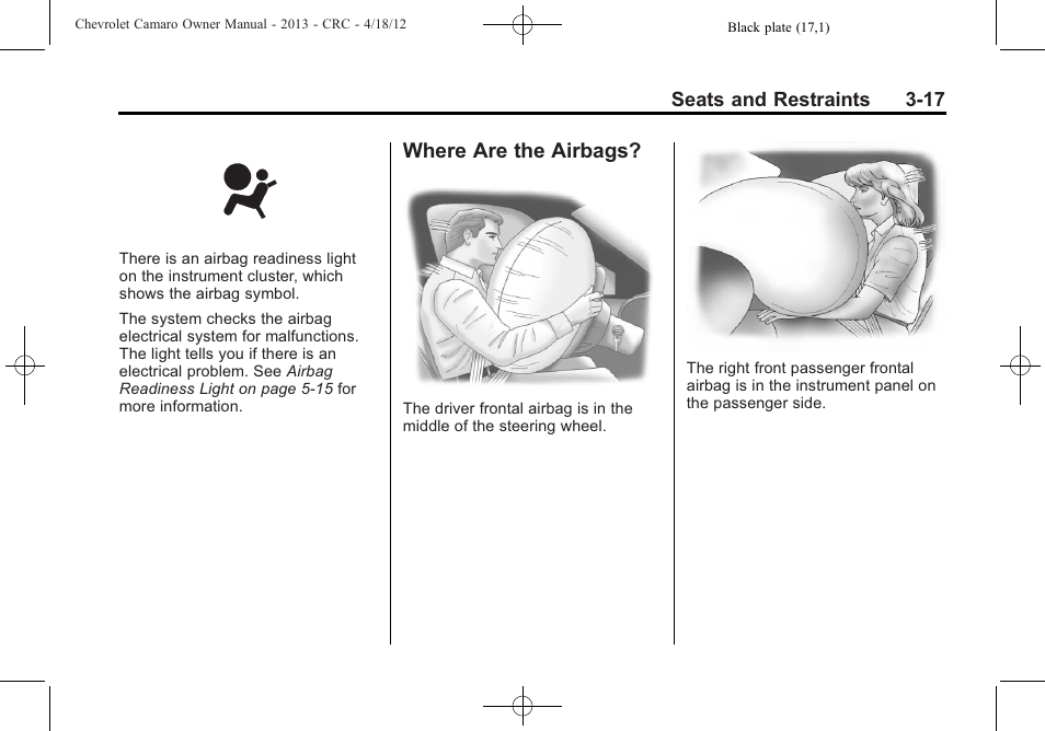 Where are the airbags | CHEVROLET 2013 Camaro User Manual | Page 65 / 414