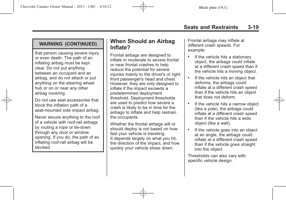 When should an airbag inflate, Seats and restraints 3-19 | CHEVROLET 2013 Camaro User Manual | Page 67 / 414