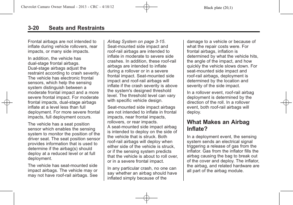 What makes an airbag inflate | CHEVROLET 2013 Camaro User Manual | Page 68 / 414