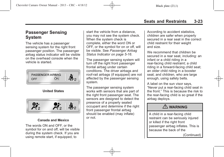 Passenger sensing system | CHEVROLET 2013 Camaro User Manual | Page 71 / 414