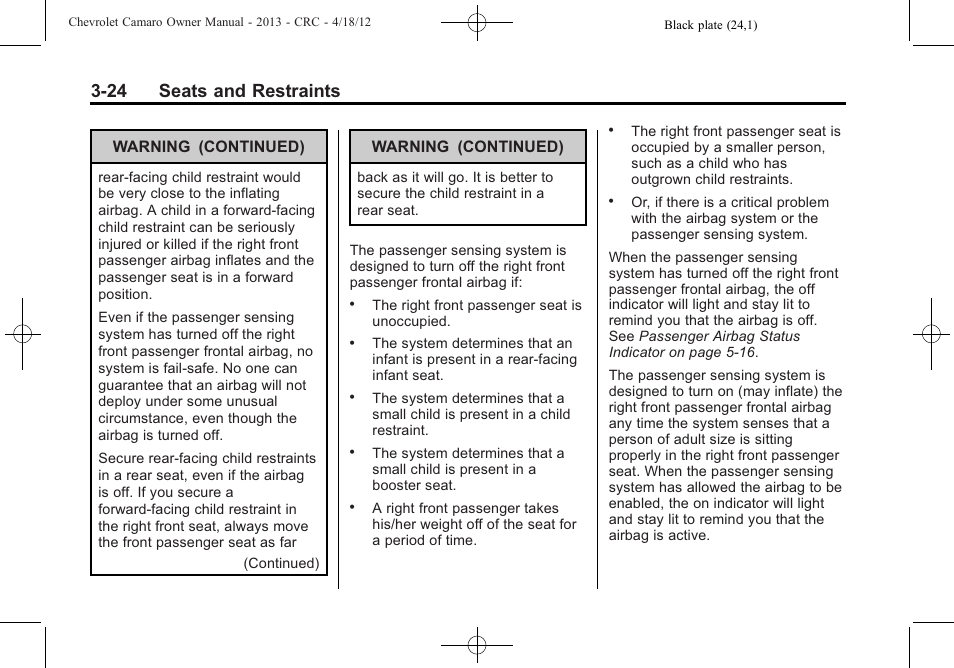 24 seats and restraints | CHEVROLET 2013 Camaro User Manual | Page 72 / 414