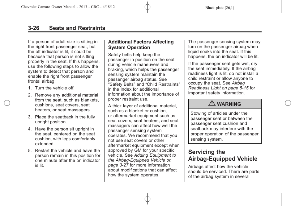 Servicing the airbag-equipped vehicle | CHEVROLET 2013 Camaro User Manual | Page 74 / 414