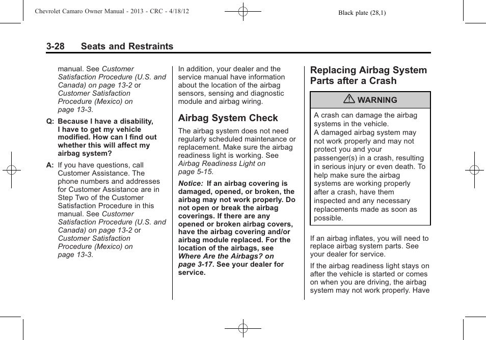Airbag system check, Replacing airbag system parts after a crash | CHEVROLET 2013 Camaro User Manual | Page 76 / 414