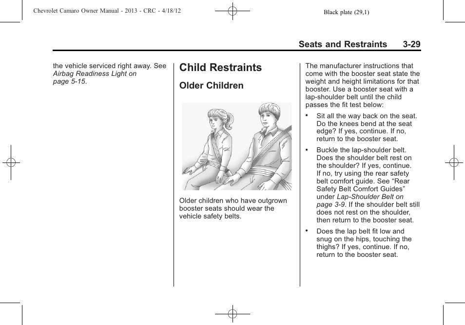Child restraints, Older children, Seats and restraints 3-29 | CHEVROLET 2013 Camaro User Manual | Page 77 / 414