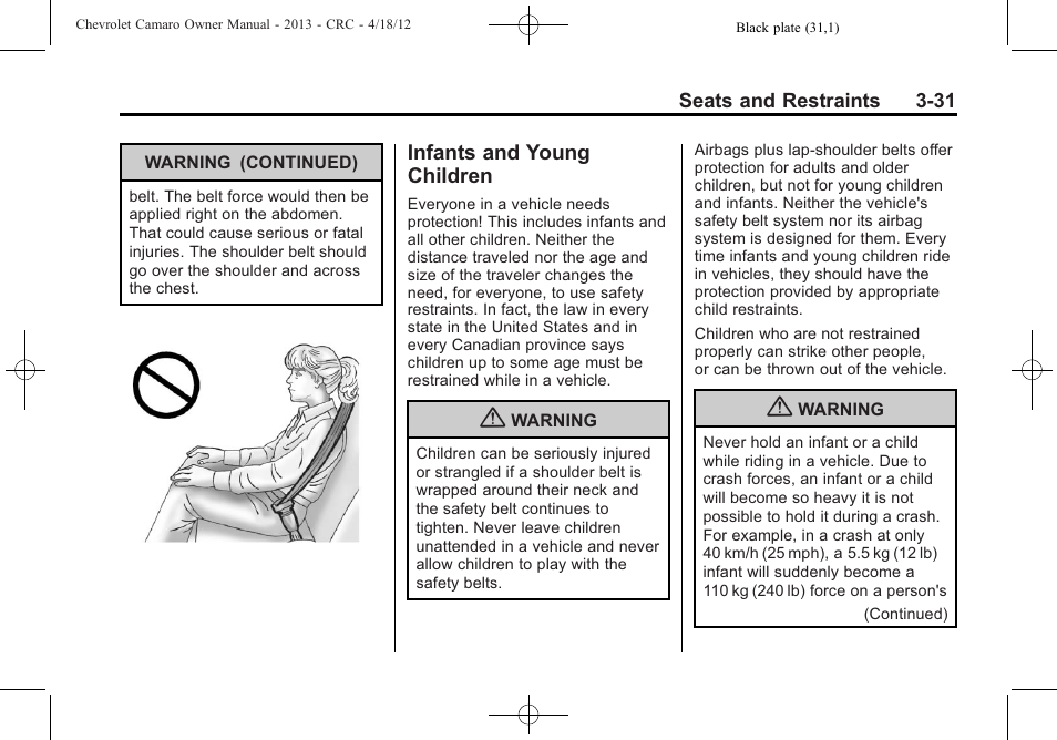 Infants and young children | CHEVROLET 2013 Camaro User Manual | Page 79 / 414