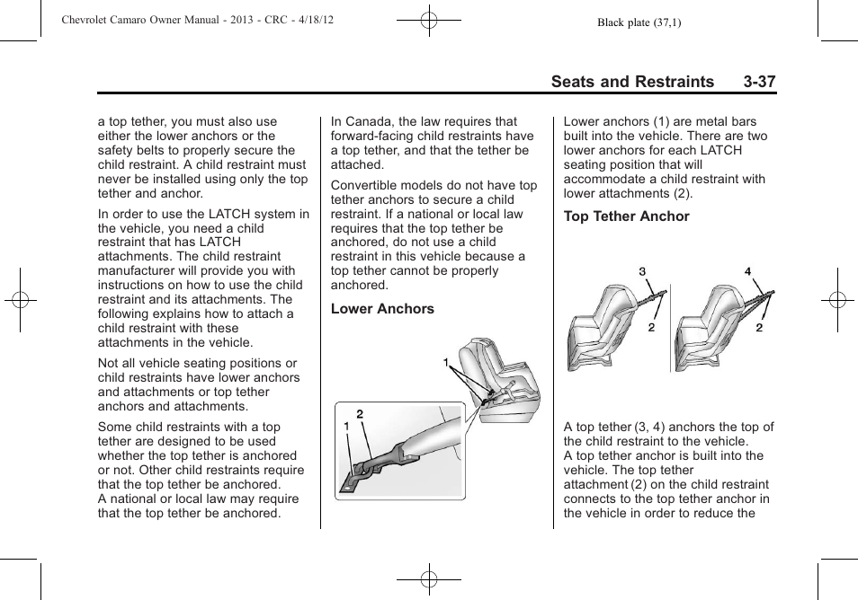 Seats and restraints 3-37 | CHEVROLET 2013 Camaro User Manual | Page 85 / 414