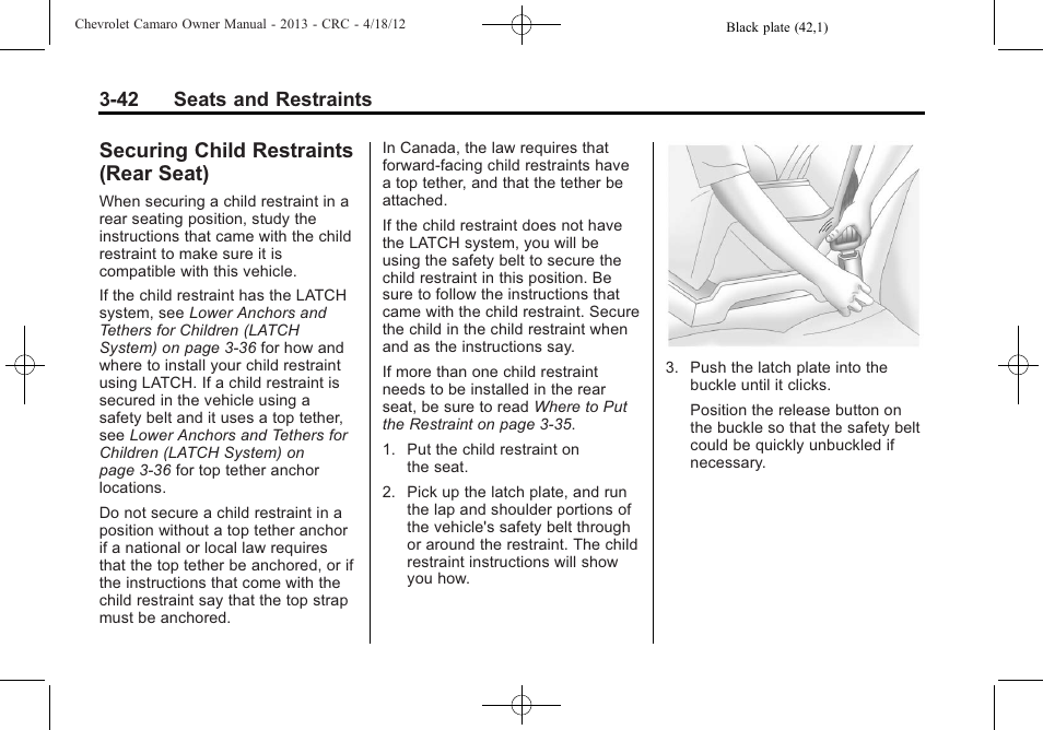 Securing child restraints (rear seat), 42 seats and restraints | CHEVROLET 2013 Camaro User Manual | Page 90 / 414