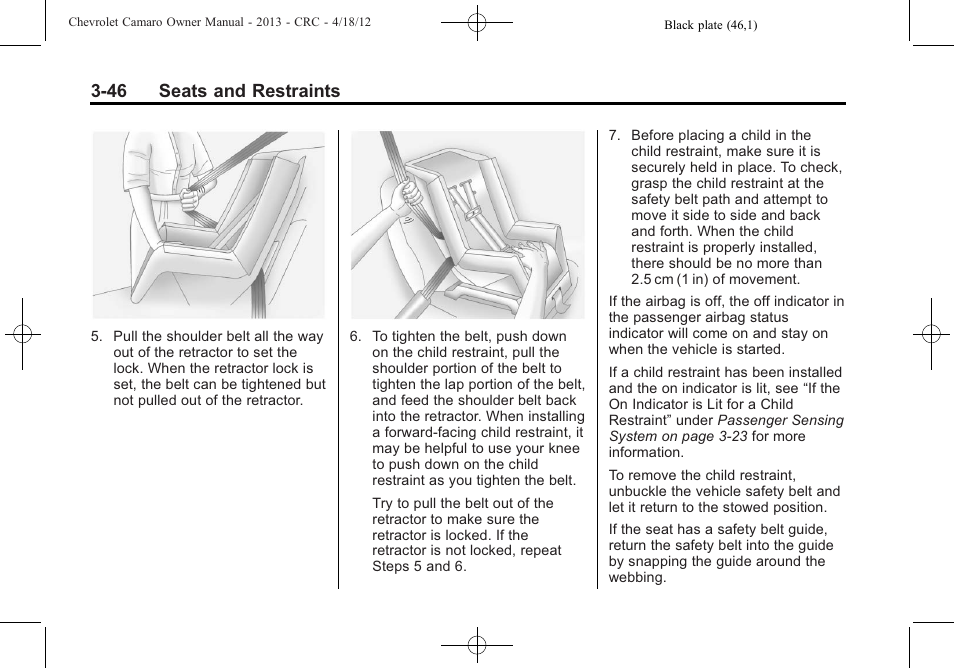 46 seats and restraints | CHEVROLET 2013 Camaro User Manual | Page 94 / 414