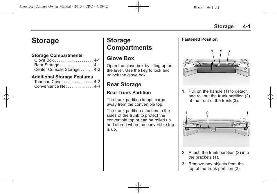 Storage, Storage compartments, Glove box | Rear storage | CHEVROLET 2013 Camaro User Manual | Page 95 / 414