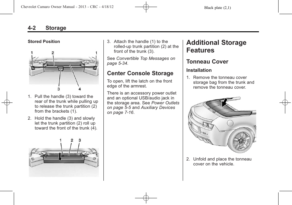 Center console storage, Additional storage features, Tonneau cover | CHEVROLET 2013 Camaro User Manual | Page 96 / 414