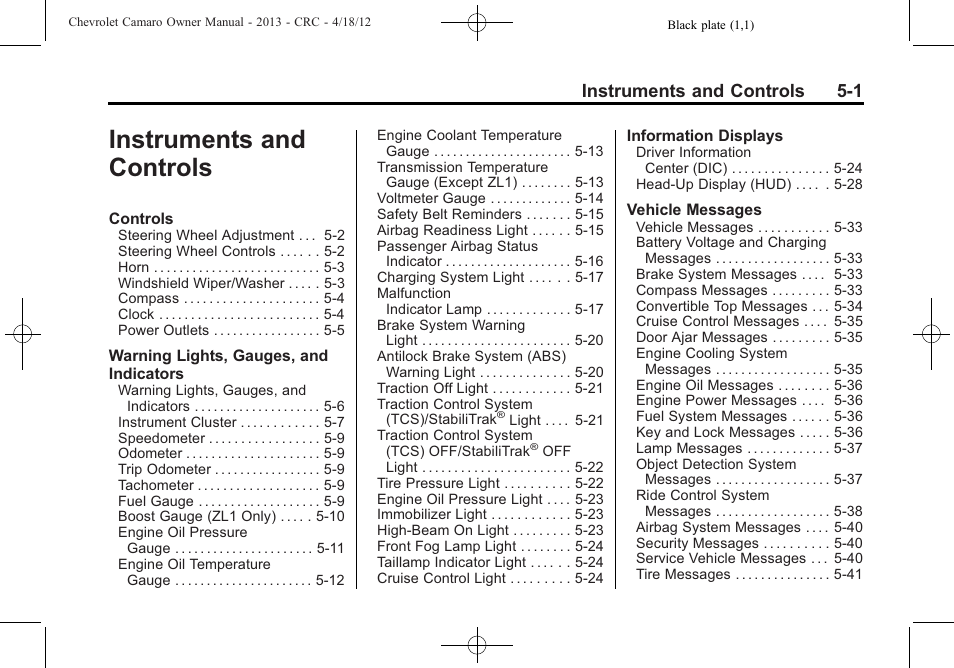 Instruments and controls, Instruments and controls 5-1 | CHEVROLET 2013 Camaro User Manual | Page 99 / 414