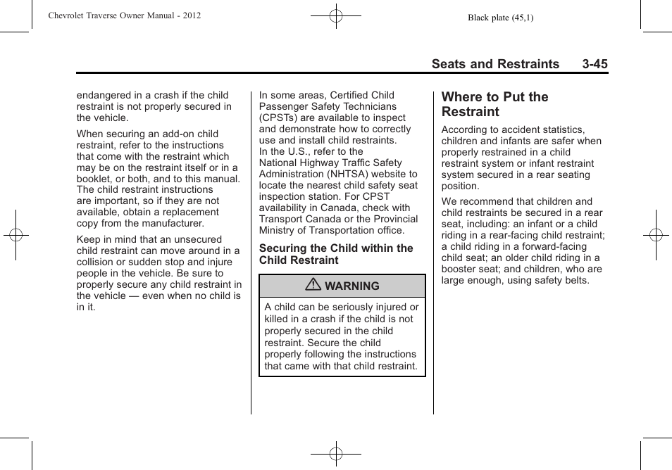 Where to put the restraint, Where to put the restraint -45 | CHEVROLET 2012 Traverse User Manual | Page 101 / 450