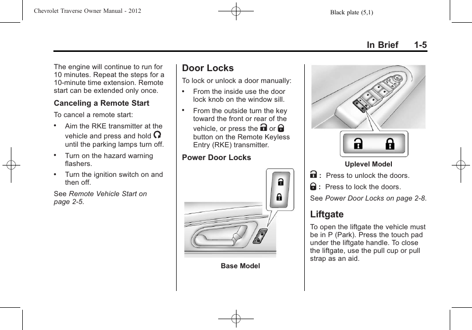 Door locks, Liftgate, Door locks -5 liftgate -5 | CHEVROLET 2012 Traverse User Manual | Page 11 / 450