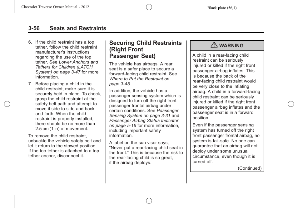 Securing child restraints, Right front passenger seat) -56 | CHEVROLET 2012 Traverse User Manual | Page 112 / 450