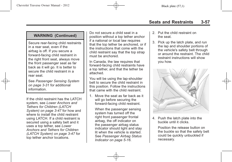 Seats and restraints 3-57 | CHEVROLET 2012 Traverse User Manual | Page 113 / 450