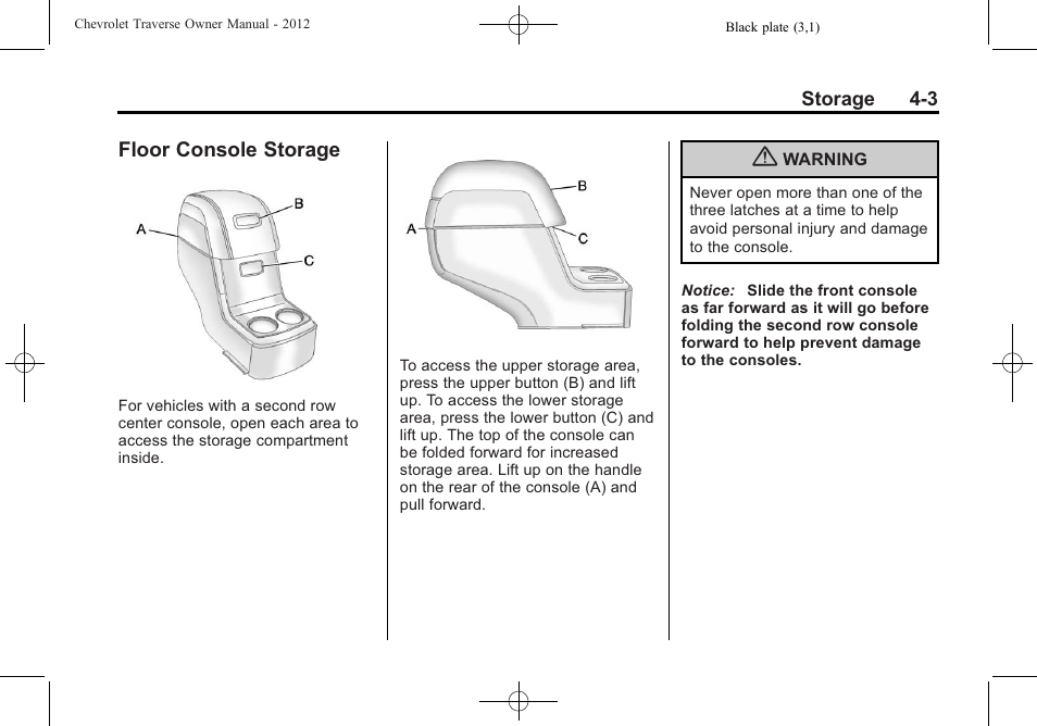 Floor console storage, Floor console storage -3 | CHEVROLET 2012 Traverse User Manual | Page 117 / 450