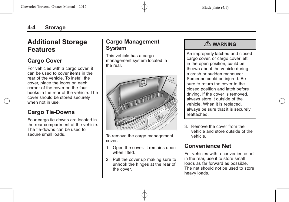 Additional storage features, Cargo cover, Cargo tie-downs | Cargo management system, Convenience net, Storage features -4, Phone, Cargo cover -4 cargo tie-downs -4 cargo management, System -4, Convenience net -4 | CHEVROLET 2012 Traverse User Manual | Page 118 / 450