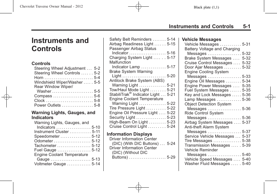 Instruments and controls, Instruments and controls -1, Instruments and controls 5-1 | CHEVROLET 2012 Traverse User Manual | Page 121 / 450