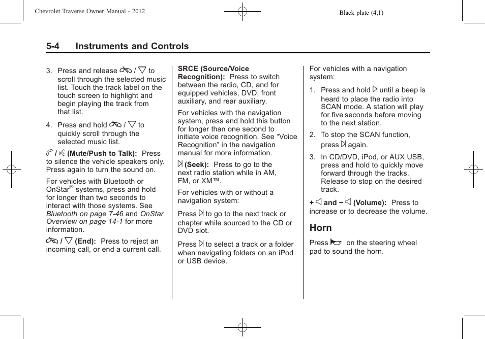 Horn, Horn -4 | CHEVROLET 2012 Traverse User Manual | Page 124 / 450