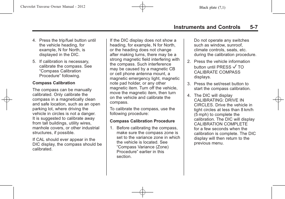 Instruments and controls 5-7 | CHEVROLET 2012 Traverse User Manual | Page 127 / 450