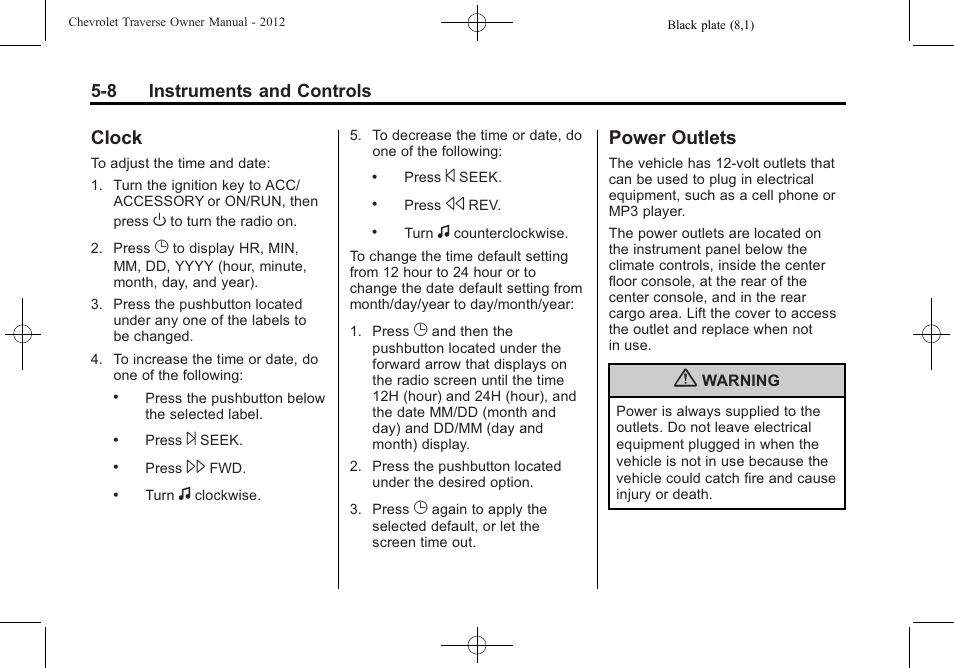 Clock, Power outlets, Clock -8 power outlets -8 | CHEVROLET 2012 Traverse User Manual | Page 128 / 450