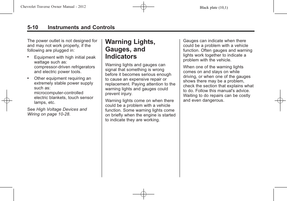 Warning lights, gauges, and indicators, Warning lights, gauges, and, Indicators -10 | Air vents -11, 10 instruments and controls | CHEVROLET 2012 Traverse User Manual | Page 130 / 450