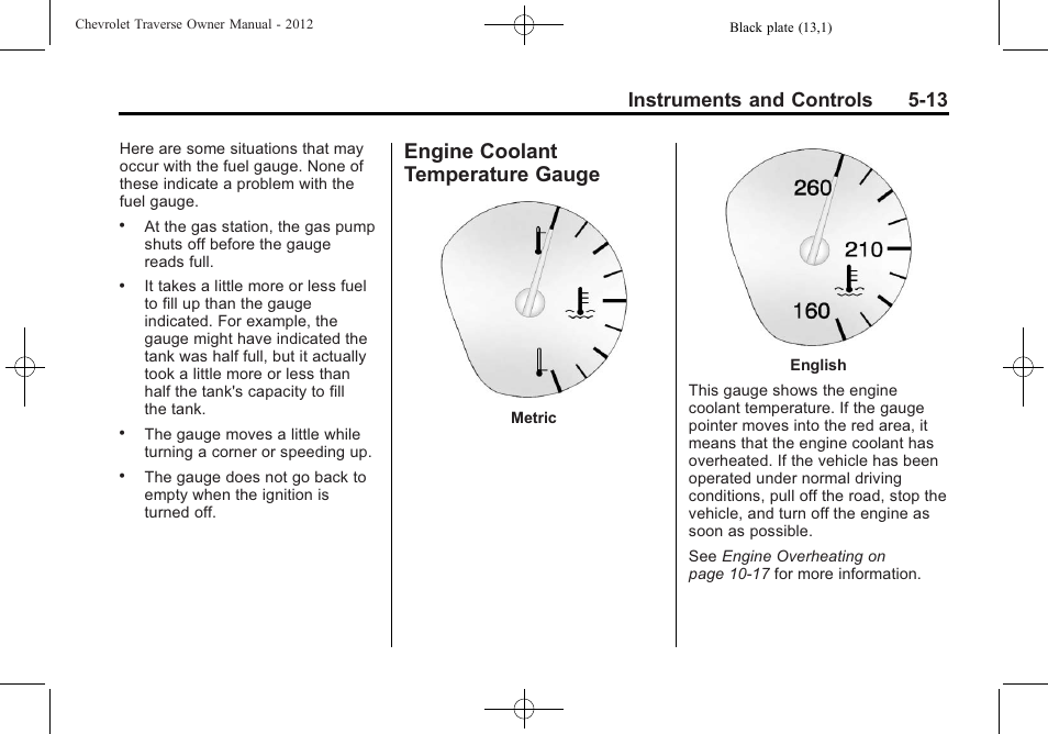 Engine coolant temperature gauge, Engine coolant temperature, Gauge -13 | Instruments and controls 5-13 | CHEVROLET 2012 Traverse User Manual | Page 133 / 450