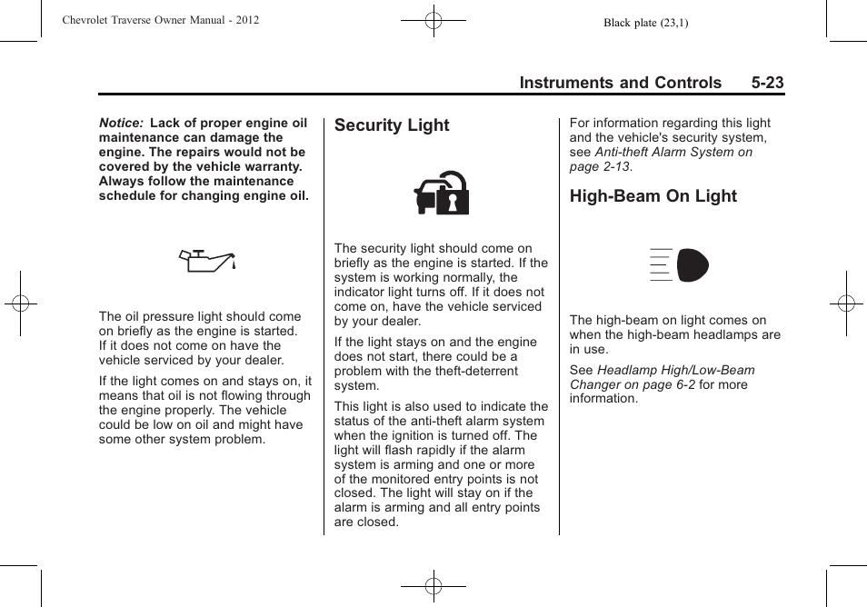 Security light, High-beam on light, Security light -23 high-beam on light -23 | CHEVROLET 2012 Traverse User Manual | Page 143 / 450