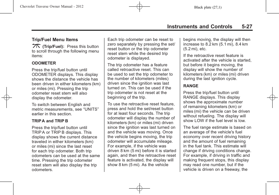 Instruments and controls 5-27 | CHEVROLET 2012 Traverse User Manual | Page 147 / 450