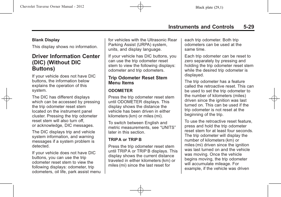 Driver information center, Dic) (without dic buttons) -29, Instruments and controls 5-29 | CHEVROLET 2012 Traverse User Manual | Page 149 / 450