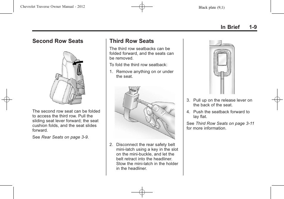 Second row seats, Third row seats, Second row seats -9 third row seats -9 | CHEVROLET 2012 Traverse User Manual | Page 15 / 450