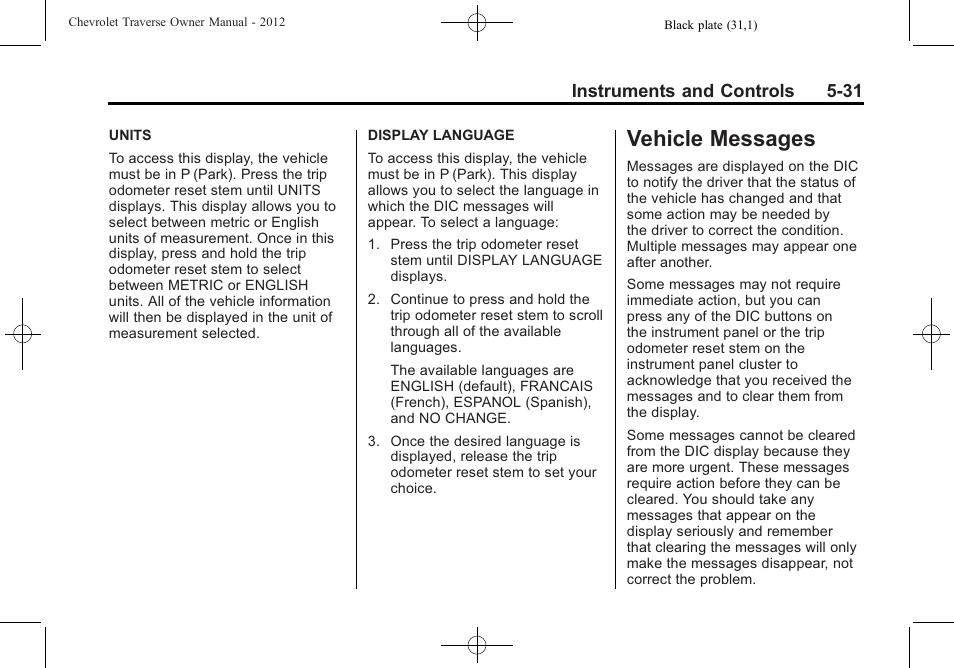 Vehicle messages, Vehicle messages -31 | CHEVROLET 2012 Traverse User Manual | Page 151 / 450
