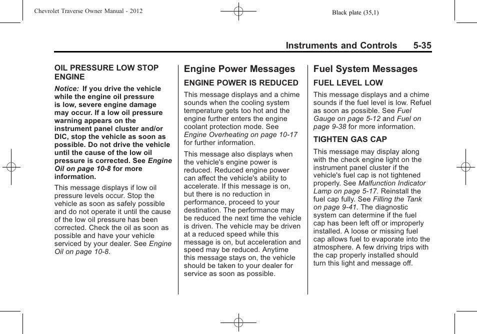 Engine power messages, Fuel system messages, Engine power messages -35 fuel system messages -35 | CHEVROLET 2012 Traverse User Manual | Page 155 / 450