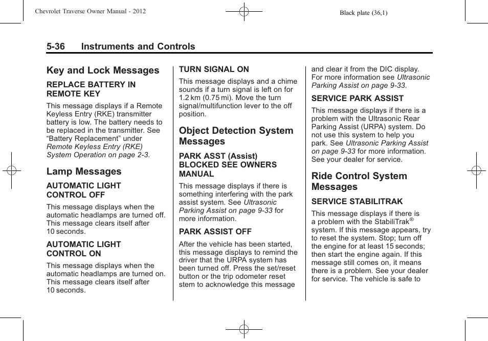 Key and lock messages, Lamp messages, Object detection system messages | Ride control system messages, Messages -36, Ride control system | CHEVROLET 2012 Traverse User Manual | Page 156 / 450