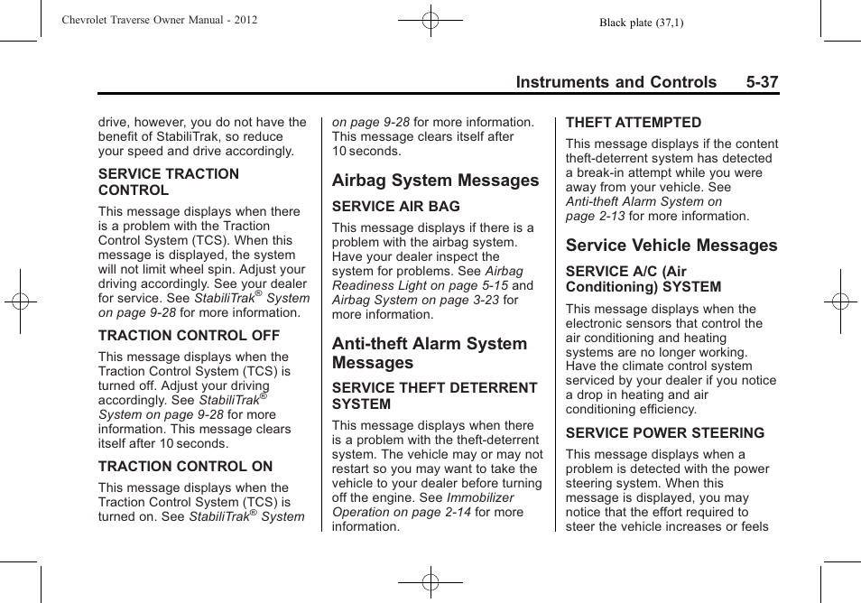 Airbag system messages, Anti-theft alarm system messages, Service vehicle messages | Airbag system messages -37 anti-theft alarm system, Messages -37, Service vehicle messages -37, Instruments and controls 5-37 | CHEVROLET 2012 Traverse User Manual | Page 157 / 450