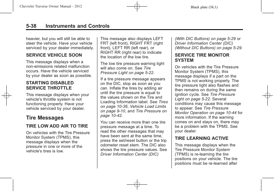 Tire messages, Tire messages -38 | CHEVROLET 2012 Traverse User Manual | Page 158 / 450