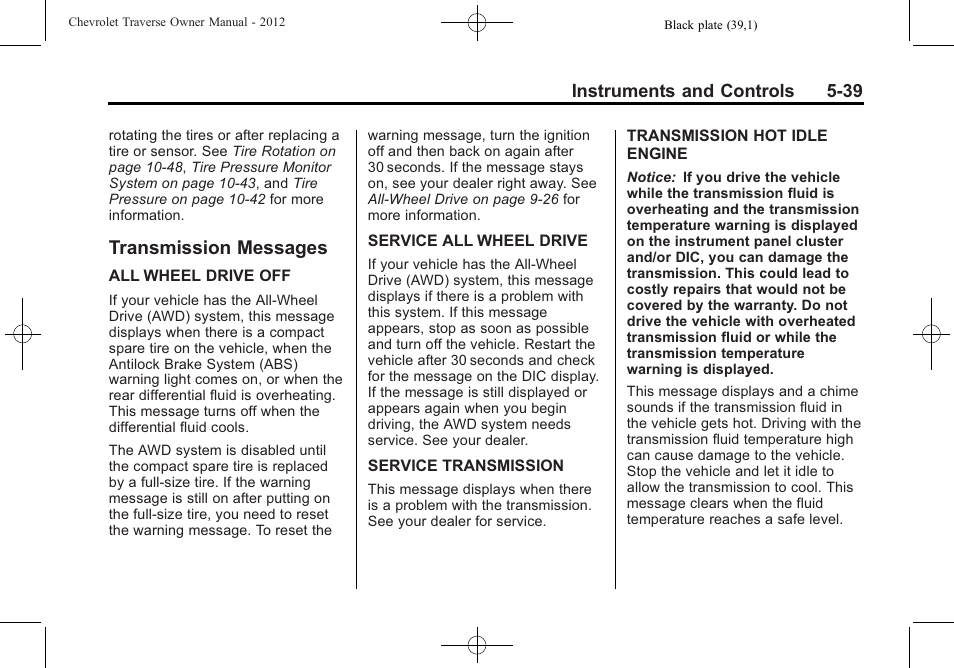 Transmission messages, Ransmission messages -39 | CHEVROLET 2012 Traverse User Manual | Page 159 / 450