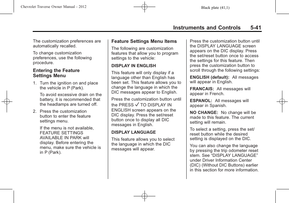 Instruments and controls 5-41 | CHEVROLET 2012 Traverse User Manual | Page 161 / 450