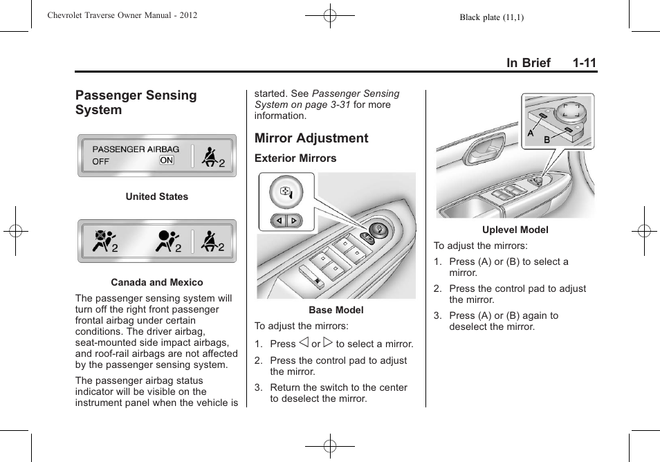 Passenger sensing system, Mirror adjustment, Passenger sensing | System -11, Mirror adjustment -11, Tire | CHEVROLET 2012 Traverse User Manual | Page 17 / 450