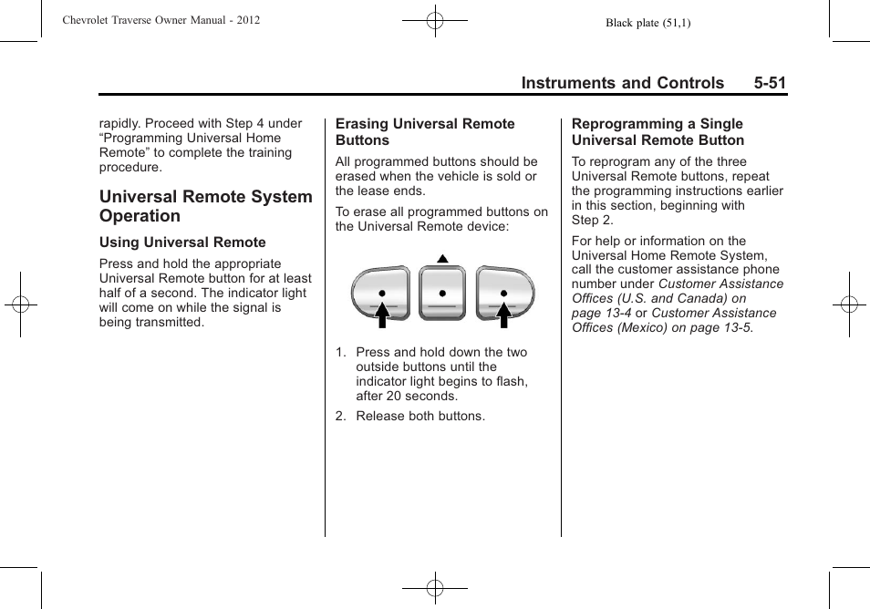 Universal remote system operation, Universal remote system, Operation -51 | CHEVROLET 2012 Traverse User Manual | Page 171 / 450