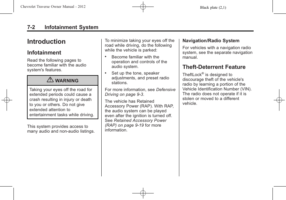 Introduction, Infotainment, Theft-deterrent feature | Infotainment -2 theft-deterrent feature -2 | CHEVROLET 2012 Traverse User Manual | Page 182 / 450