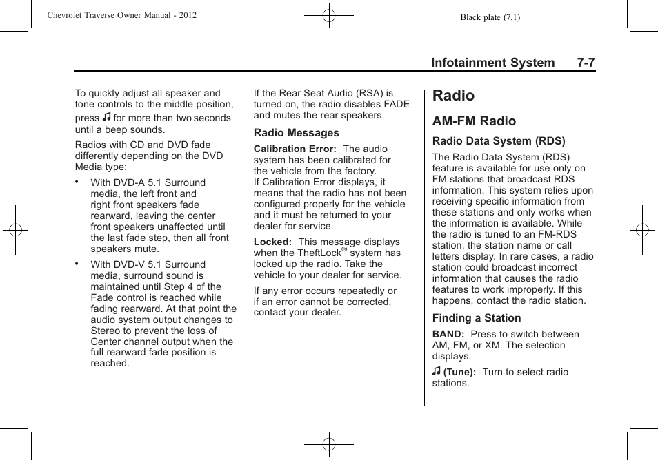 Radio, Am-fm radio, Radio -7 | Am-fm radio -7, Rse), Infotainment system 7-7 | CHEVROLET 2012 Traverse User Manual | Page 187 / 450