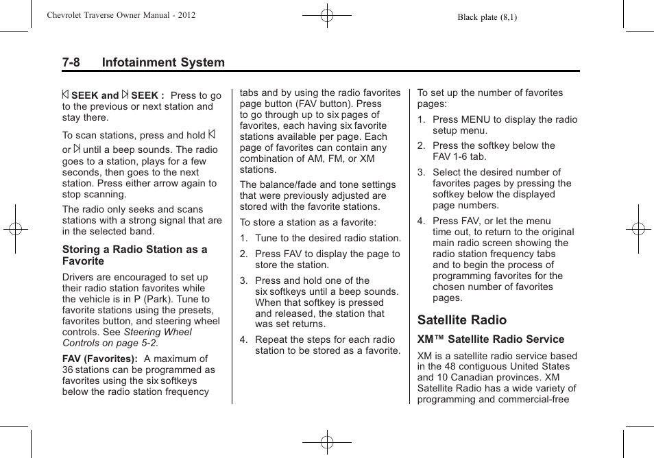 Satellite radio, Satellite radio -8, Rear seat | CHEVROLET 2012 Traverse User Manual | Page 188 / 450