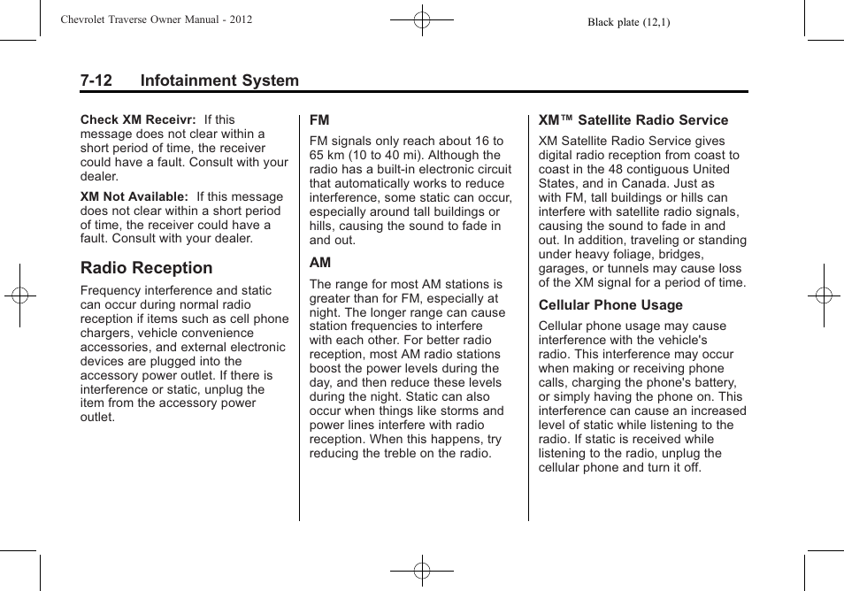 Radio reception, Radio reception -12, System | CHEVROLET 2012 Traverse User Manual | Page 192 / 450