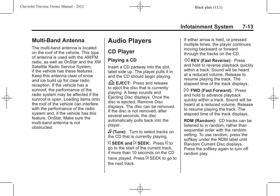 Multi-band antenna, Audio players, Cd player | Audio players -13, Multi-band antenna -13, Cd player -13, Bluetooth | CHEVROLET 2012 Traverse User Manual | Page 193 / 450