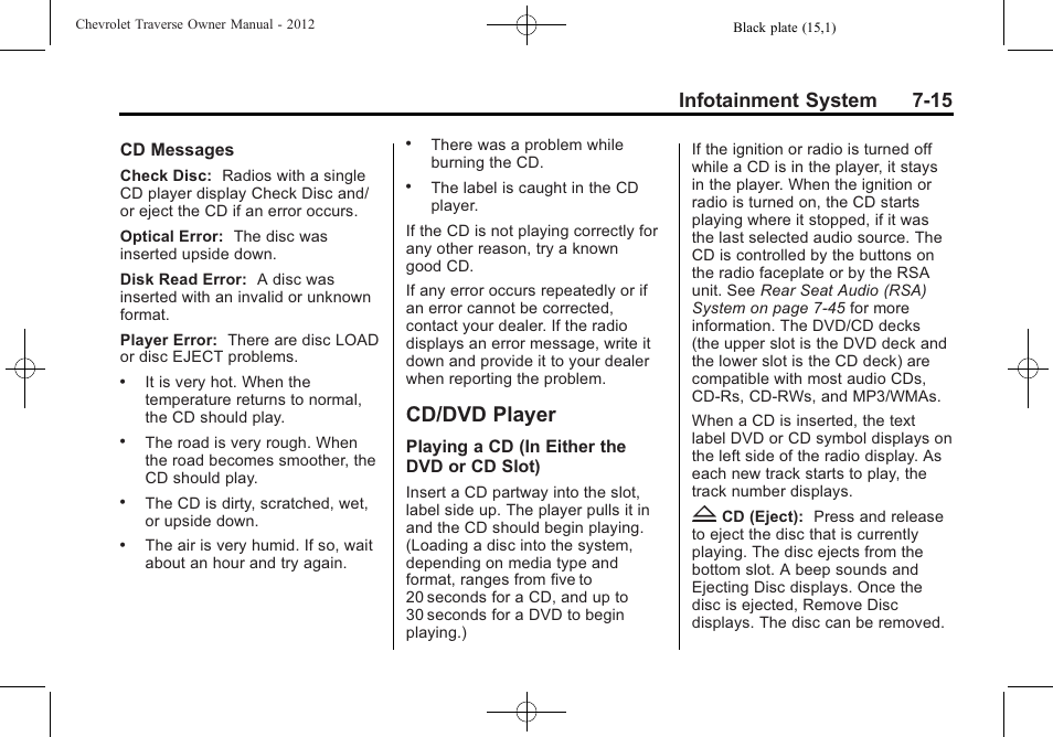 Cd/dvd player, Cd/dvd player -15, Infotainment system 7-15 | CHEVROLET 2012 Traverse User Manual | Page 195 / 450