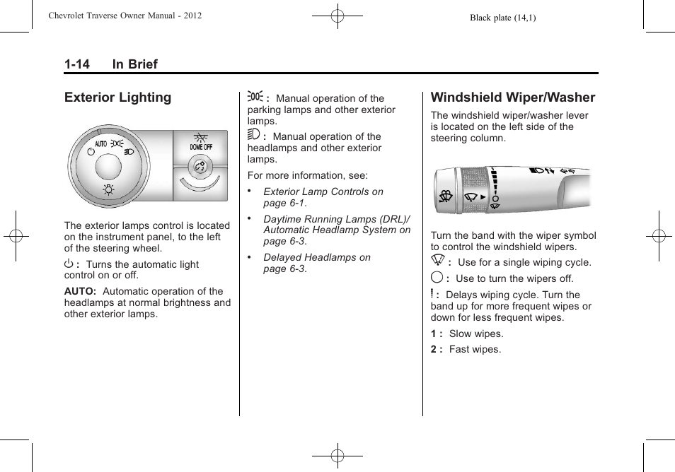 Exterior lighting, Windshield wiper/washer, Exterior lighting -14 windshield wiper/washer -14 | CHEVROLET 2012 Traverse User Manual | Page 20 / 450