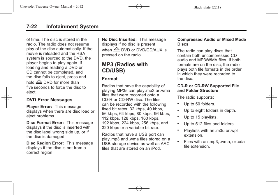 Mp3 (radios with cd/usb), Mp3 (radios with, Cd/usb) -22 | Agreement, 22 infotainment system | CHEVROLET 2012 Traverse User Manual | Page 202 / 450