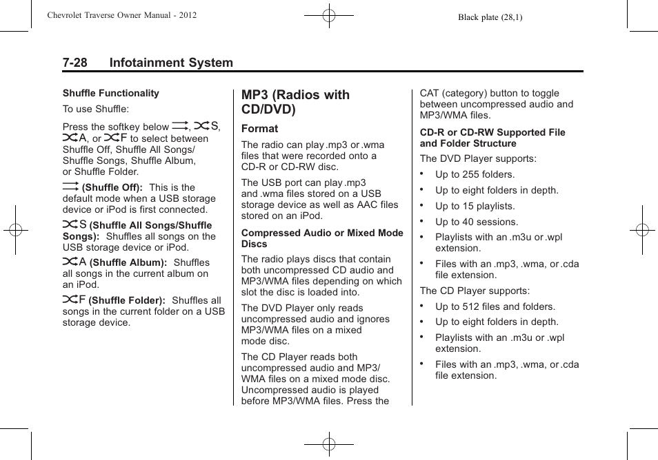 Mp3 (radios with cd/dvd), Mp3 (radios with, Cd/dvd) -28 | Agreements, 28 infotainment system | CHEVROLET 2012 Traverse User Manual | Page 208 / 450