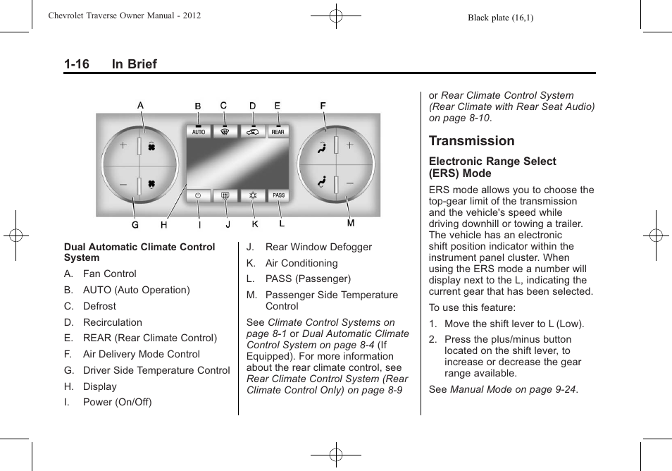 Transmission, Transmission -16, 16 in brief | CHEVROLET 2012 Traverse User Manual | Page 22 / 450